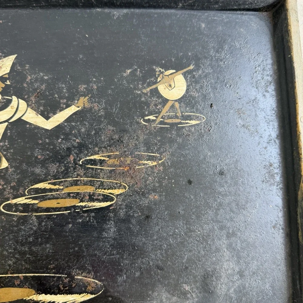 Vintage Art Deco Serving Tray Metal Hand Painted Pierrot Harlequin Dancer 1930s